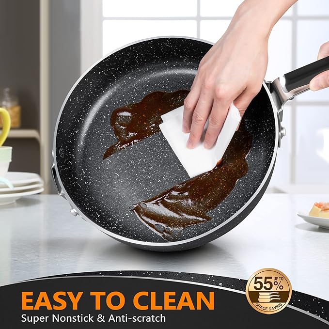 Stackable Pots and Pans 10 Piece Set - Nonstick Cookware With Space-Saving Design Non-Toxic Stone Coatings Saves 55% More Space - Black