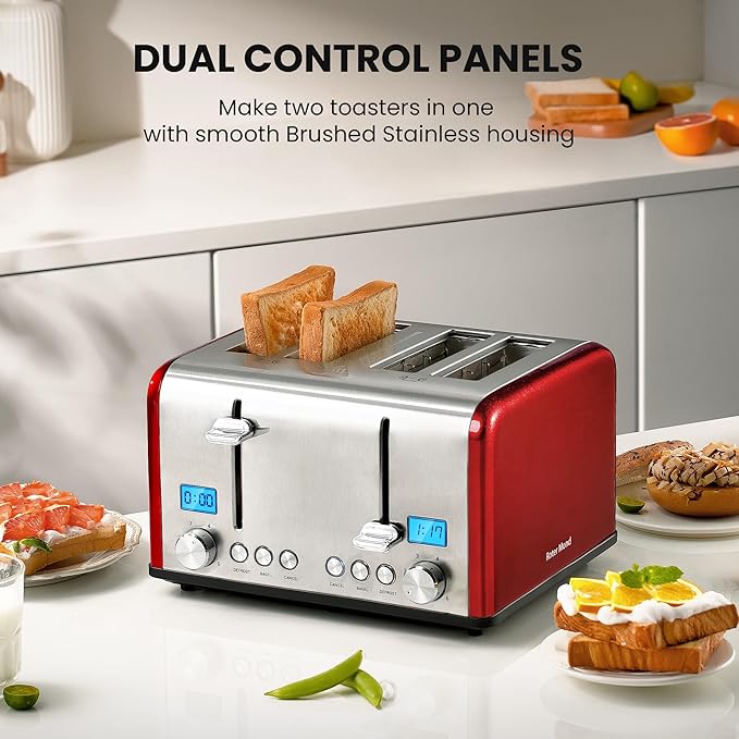 Roter Mond Countdown Stainless Steel 4 Slice Toaster with Bagel Defrost Cancel Function Dual Toaster Extra Wide Slots 6 Shade Settings Removable Crumb Trays 1650W Red