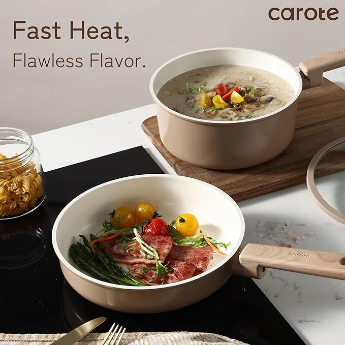 CAROTE 12Pcs Ceramic Pots and Pans Set Non Stick Healthy Cookware Set PFAS/PFOA Free Kitchen Cooking Set with Frying Pans Taupe