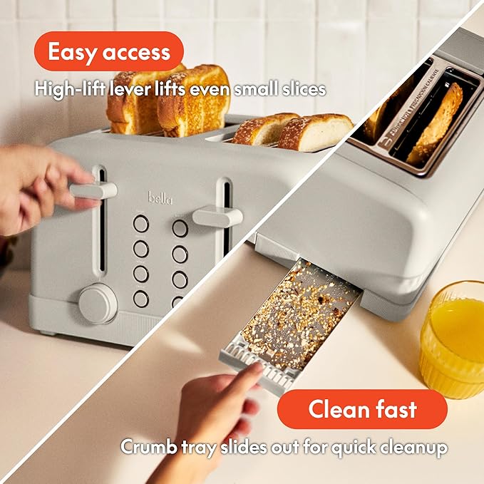 bella 4 Slice Toaster 6 Setting Shade Control with Reheat &amp Cancel Buttons Removable Crumb Tray Anti Jam &amp Auto Shutoff 900 Watt Oatmilk