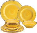 UPware 12 Piece Crackle Melamine Dinnerware Sets Outdoor Dishes Set Plates and Bowls Sets Service for 4 Yellow