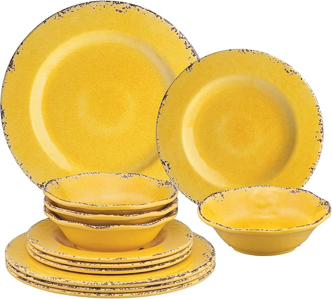 UPware 12 Piece Crackle Melamine Dinnerware Sets Outdoor Dishes Set Plates and Bowls Sets Service for 4 Yellow