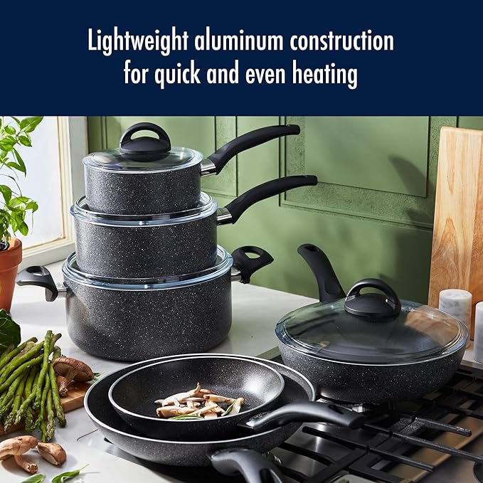 Henckels Everlift Granite 10-Piece Nonstick cookware set Made in Italy durable 3-layer granite-hued nonstick coating from recycled materials Oven safe to 400°F Dishwasher safe