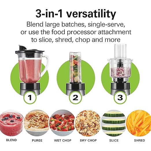 Hamilton Beach Blender and Food Processor Combo for Shakes &amp Smoothies With 3 Cup Electric Food Chopper Attachment 40 oz Glass Jar Blender Travel Cup 700 Watts Peak Power Gray &amp Black (58
