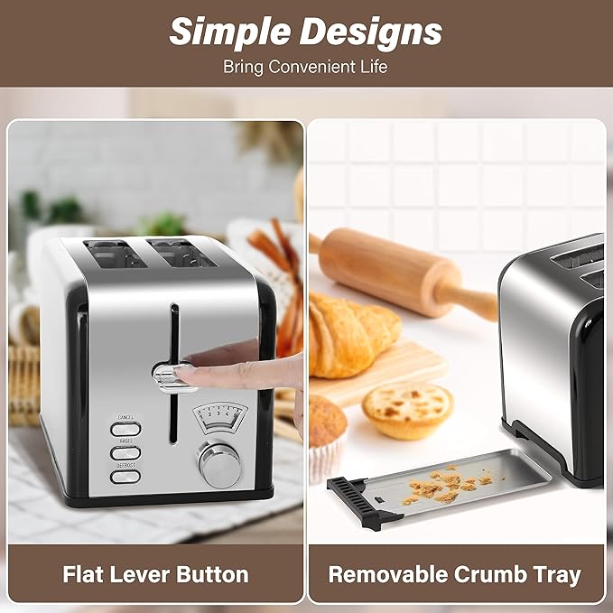 YSSOA 2-Slice Toaster with Extra Wide Slot &amp Removable Crumb Tray 5 Browning Setting and 3 Function: Bagel/Defrost/Cancel Retro Stainless-Steel Style Compact Oven for Bread &amp Waffle New B