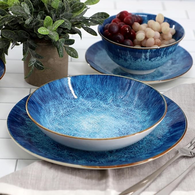 16‑Piece Porcelain Dinnerware Set in Green Double Bowl Design with Dinner Plates Salad Plates and Bowls Dishwasher &amp Microwave Safe (Blue)
