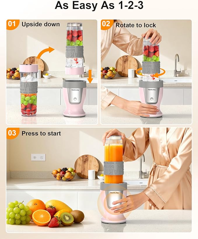 Smoothie Blender 650W Personal Blenders for Shakes and Smoothies with Grinder Cup &amp 2 BPA-Free Portable Cups (20oz+14oz) Portable Blender for Juices Smoothies Maker for Kitchen Pink