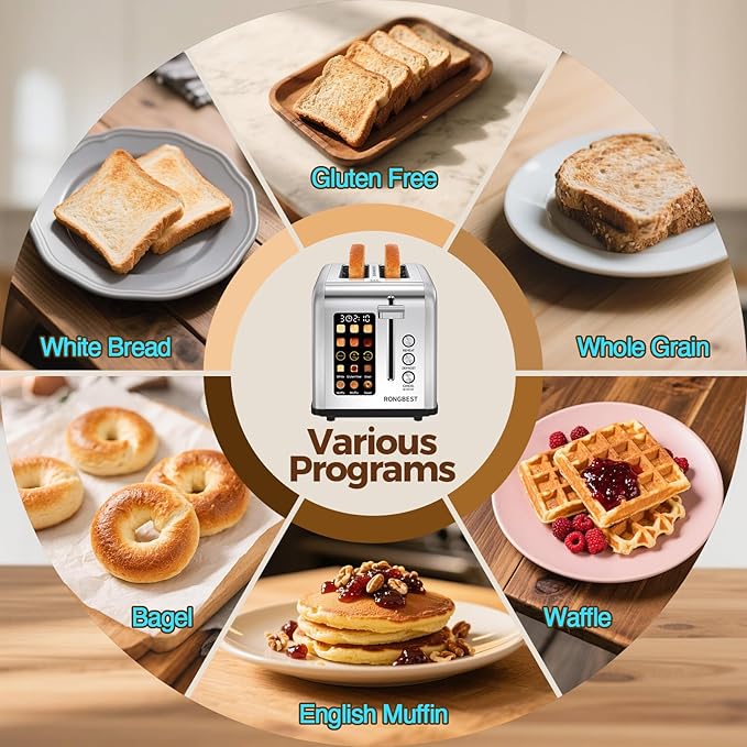 2 Slice Easy Touch Screen Toaster Stainless Steel Toaster with Wide Slots Even Toasting for Bagels &amp Bread Reheat &amp Defrost Removable Crumb Tray Silver