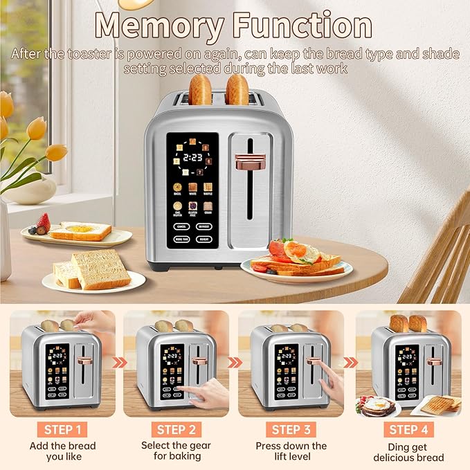 SEEDEEM Toaster 2 Slice Touch Control Stainless Toaster LCD Display 50% Faster Heating Speed 1.4'' Wide Slots More Timer Functions Removable Crumb Tray 1350W Silver Metallic