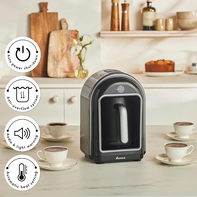 KARACA Hatır Turkish Coffee Maker 5 Cups Electric Turkish Coffee Machine with Ember Mode Automatic Temperature Control Overflow Protection Audible &amp Visual Alerts Galaxy Grey