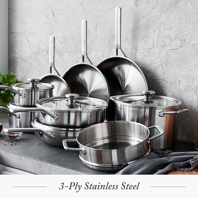 Merten &amp Storck Tri-Ply Stainless Steel 14 Piece Cookware Pots &amp Pans SetProfessional CookingMulti CladMeasurement MarkingsDrip-Free Pouring EdgesDurable Glass LidsInductionOven&ampDis
