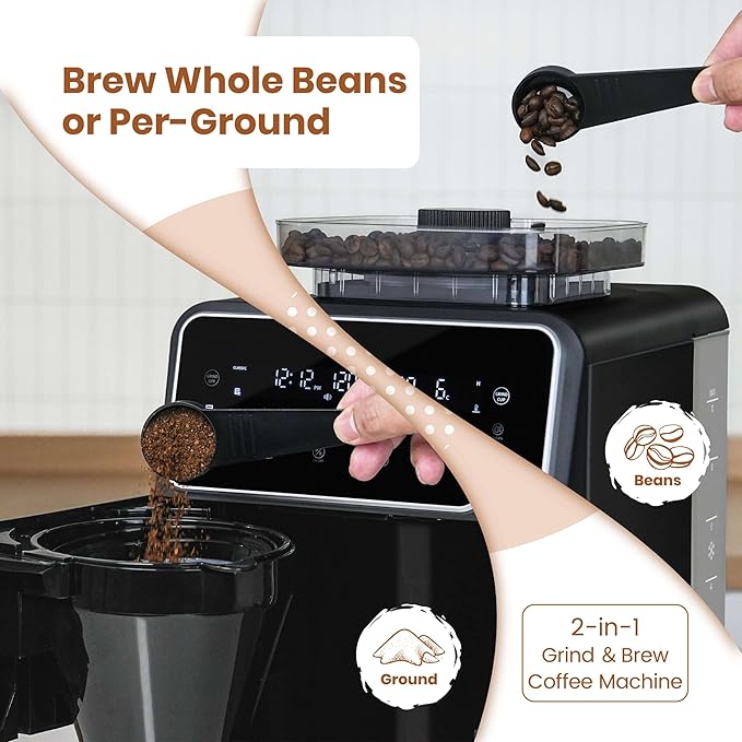 Gevi 10 Cup Drip Coffee Maker with Built-in Grinder Grind ＆ Brew Burr Combo Coffee Machine with Touch Screen Programmable 4-Hour Warm Plate Permanent Filter Coffee Carafe