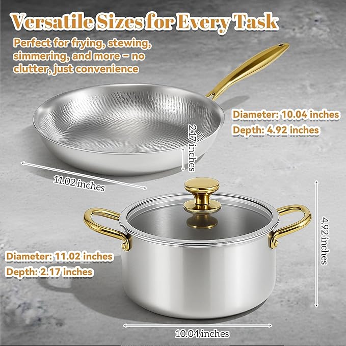 LemonRoad 2 Pieces Titanium Cookware Set 11'' and 9.45'' Pots and Pans with Lids Triply Titanium No Coat Technology Safe for Oven Induction and Cook Tops Dishwasher Safe (Pan and Soup Pot)