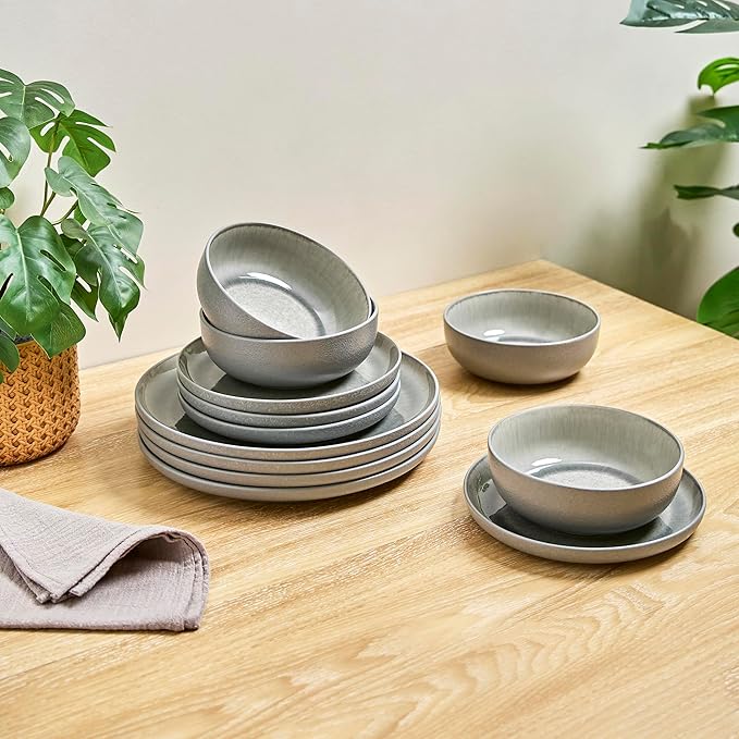 Sango Asher 12-Piece Stoneware Dinnerware Set for 4 Gray Ceramic Plates and Bowls Sets Modern Dish Set with Reactive Glaze Durable Kitchen Dishes for Casual Dining Microwave &amp Dishwasher Safe