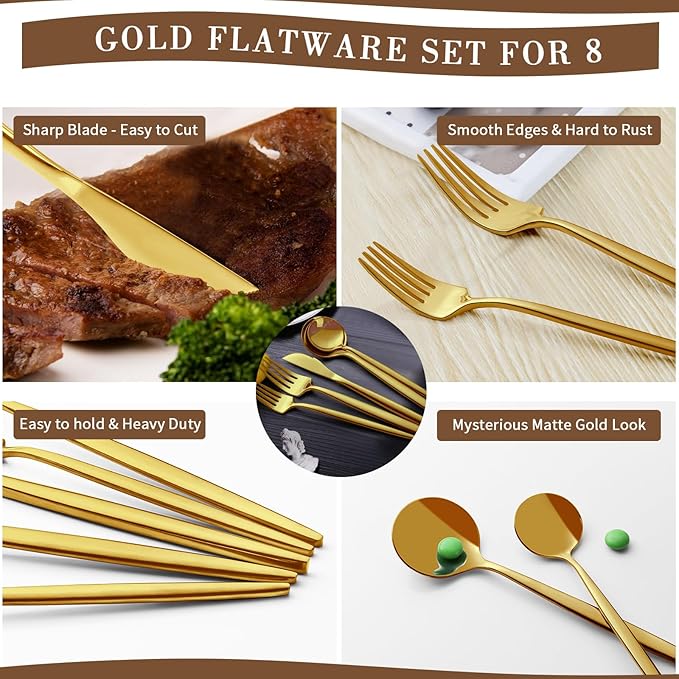 CEKEE Gold Silverware Set 40 Piece Gold Utensils Set Service for 8 Stainless Steel Flatware Set Include Knives Spoons and Forks Cutlery Set for Kitchen Home Restaurant Wedding Satin Finish