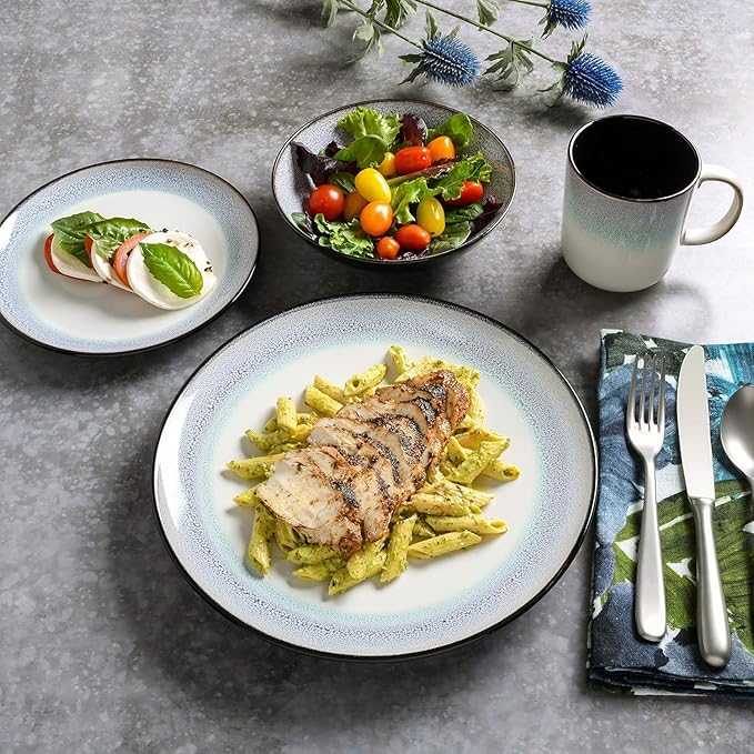 16-Piece Reactive Glaze Stoneware Dinnerware Set Teal Microwave &amp Dishwasher Safe