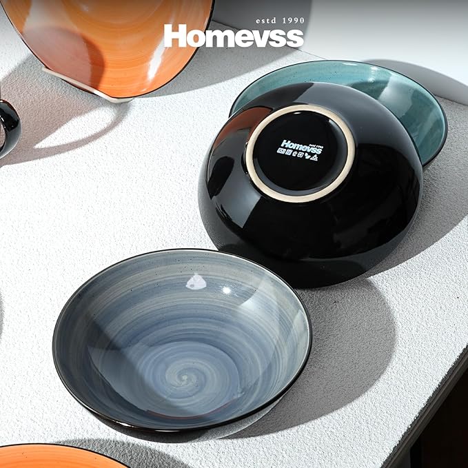 Sonoma 16 Piece Stoneware Dinner Set Samoa Outside Black + Inside Hand painted Combi Colors of Grey Orange Purple and Turquoise) with speckle