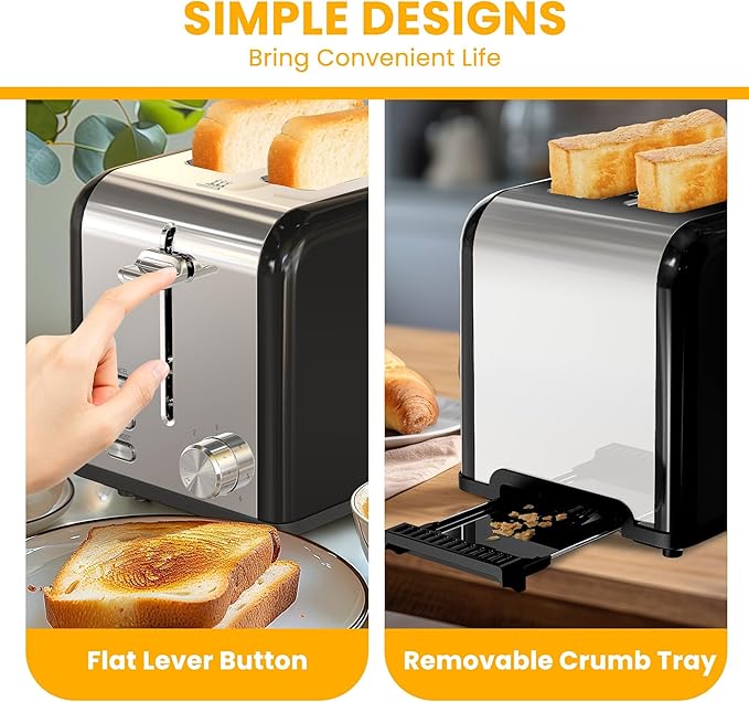 Simple Deluxe 2-Slice Toaster Stainless Steel Toaster 6 Browning Setting and 3 Function Extra Wide Slot &amp Removable Crumb Tray for Bread &amp Waffle Black