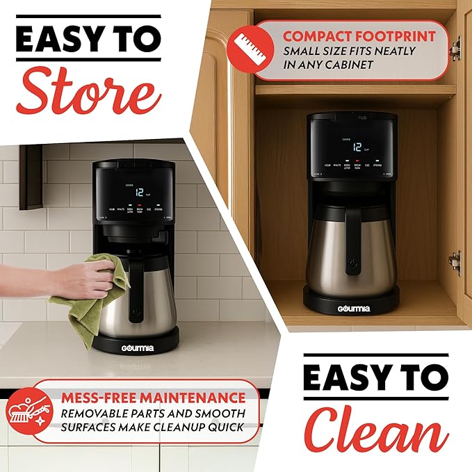 Gourmia 2-in-1 Single Serve and 12 Cup Coffee Maker - Drip Brew K-Cup Compatible Programmable Pause and Serve Removable Filter Thermal Carafe Black