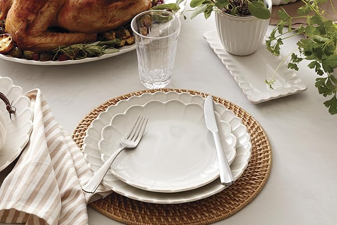 Lenox Stoneware Dinnerware Sets French Perle Scallop 12-Piece Dinnerware Set for 4 Service For 4 Dishwasher Safe Dishware White Dishes Set Stoneware Dinner Plates and Bowls Sets (White 12 Piece)