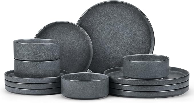 E-far Stoneware Dinnerware Sets for 4 12-Piece Reactive Glaze Plates and Bowls Sets Kitchen Ceramic Dishes Dinning Ware Microwave &amp Dishwasher Safe Deep Gray