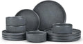 E-far Stoneware Dinnerware Sets for 4 12-Piece Reactive Glaze Plates and Bowls Sets Kitchen Ceramic Dishes Dinning Ware Microwave &amp Dishwasher Safe Deep Gray