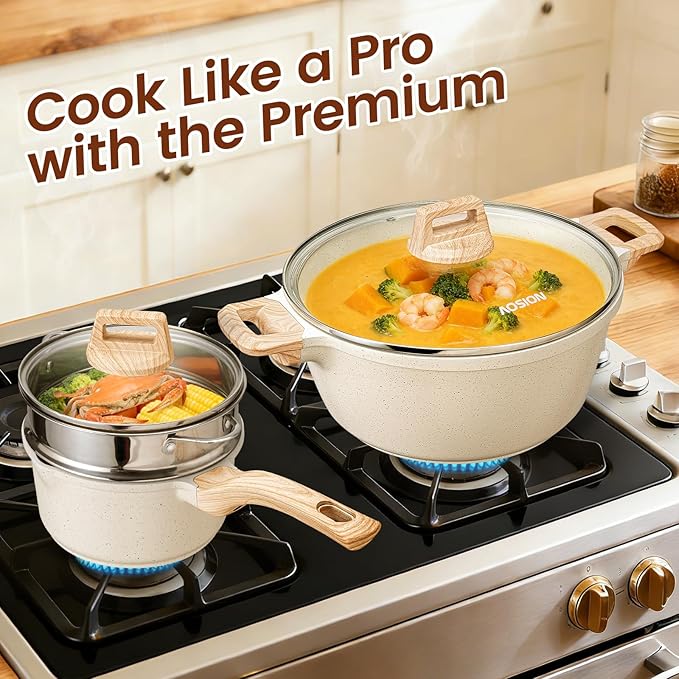 AOSION 27PCS Pots and Pans Set Nonstick Ceramic Cookware Set Healthy Kitchen Cooking Set with Gloves Apron Silicone Tools &amp Pot Protectors Oven &amp Dishwasher Safe PFOA/PFOS FreeIvory