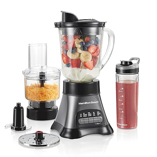 Hamilton Beach Blender and Food Processor Combo for Shakes &amp Smoothies With 3 Cup Electric Food Chopper Attachment 40 oz Glass Jar Blender Travel Cup 700 Watts Peak Power Gray &amp Black (58