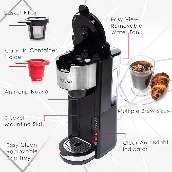 Mixpresso Black Single Serve Coffee Brewer K-Cup Pods Compatible &amp Ground 30 oz Compact Coffee Maker Single Serve With 5 Brew Sizes Up To 14 Oz Fits Travel Mug Adjustable Drip Tray