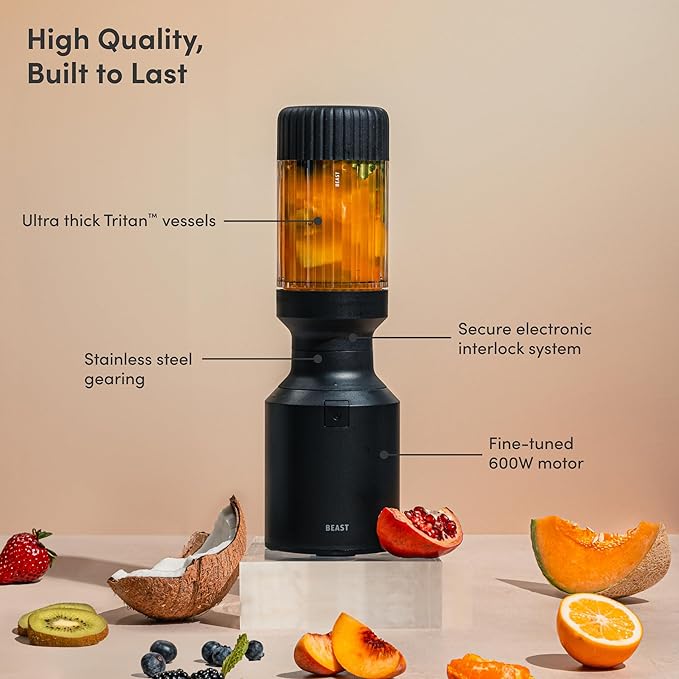The Beast Mini Blender | Mini Countertop Kitchen Blender | Blend Smoothies and Shakes Dressings Sauces Dips | Straw Cap and Straws Included | 600W (Carbon Black)