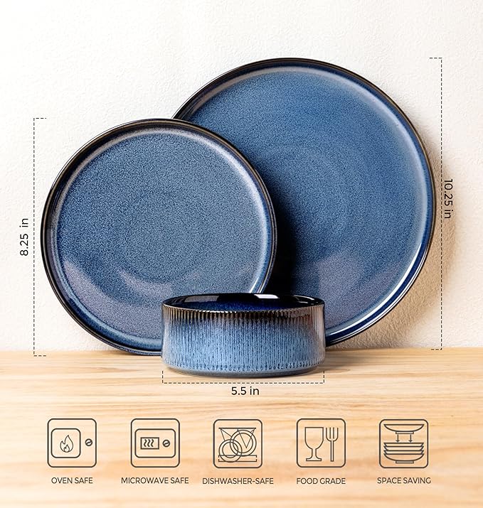 TheTerra Ceramic Dinnerware Sets for 4 12 Pieces Porcelain Lightweight Plates and Bowls Sets Scratch Resistant Dish Set Oven &amp Microwave &amp Dishwasher Safe Starry Blue