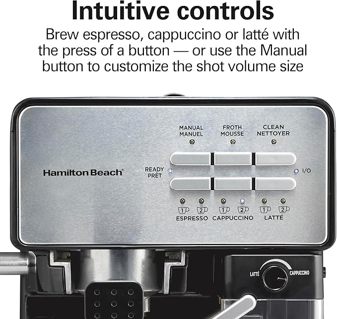 Hamilton Beach Slide and Lock Espresso Machine Programmable Coffee Maker for Café-Quality Cappuccino &amp Latte 15 Bar Pump Milk Frother Steamer Wand 70 oz. Removable Reservoir Black (40750)