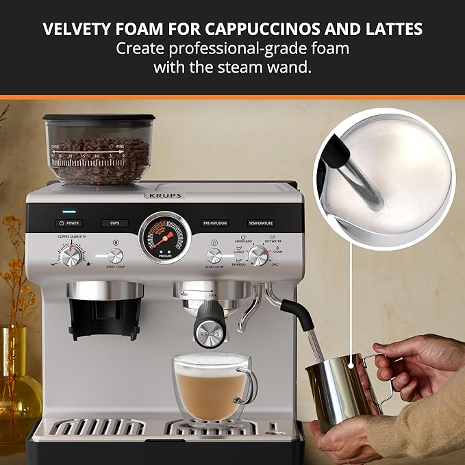 KRUPS Precision Espresso Coffee Machine with Grinder Latte &amp Cappuccino Maker Pump Pressure + Milk Frother Steam Wand Adjustable Grind Settings for Barista-Quality Results Stainless Steel &amp