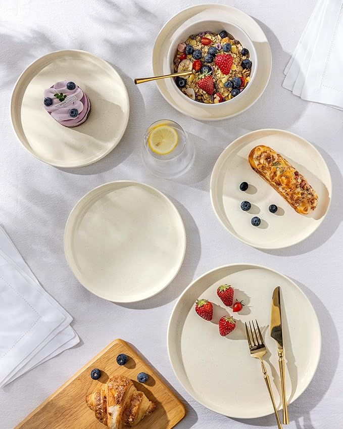 TheTerra Ceramic Dinnerware Sets for 4 12 Pieces Porcelain Lightweight Plates and Bowls Sets Scratch Resistant Dish Set Oven &amp Microwave &amp Dishwasher Safe Beige Speckled