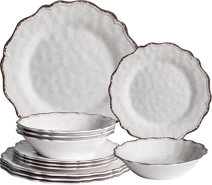 LEHAHA Farmhouse White Melamine Dinnerware Sets 12 Piece Plates and Bowls Set Perfect Weight and Unbreakable Camping Dishes Dinnerware Sets Service for 4 Indoor and Outdoor Use Dishwasher Safe