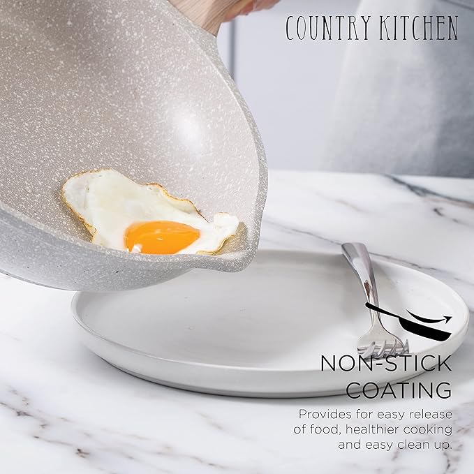 Country Kitchen Non-Stick Cast Aluminum Cookware Set - Durable Kitchen Cookware for Everyday Cooking Cream 15 Pc.