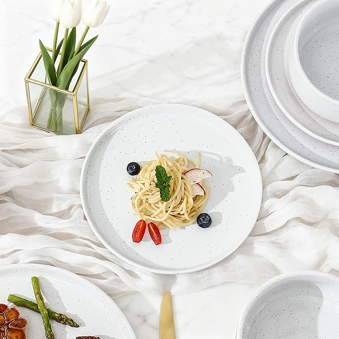 GZG Ceramic Dinner Salad Plates Set of 4 8 Inch Speckled Dinnerware Dessert Plates with Clay-Tone Base Microwave Oven Dishwasher Safe