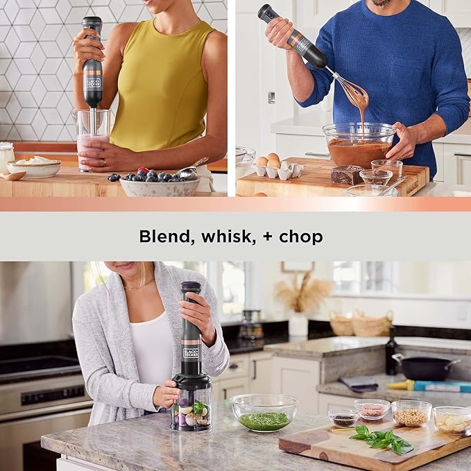 BLACK+DECKER Kitchen Wand Cordless Immersion Blender 3 in 1 Multi Tool Set Hand Blender with Charging Dock Whisk and Chopper Grey (BCKM1013K01)