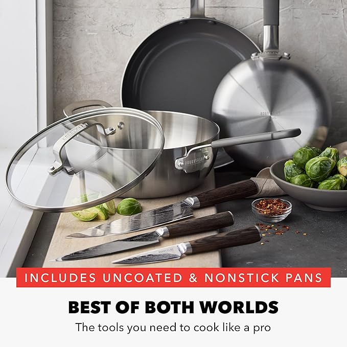 GreenPan x Bobby Flay Stainless Steel 3.75QT Saucepan with Glass Lid 8” and 10” Frying Pan Skillet Set and 3-Piece Knife Set Professional Grade Tri-Ply Stainless Steel Blades Induction Suitable