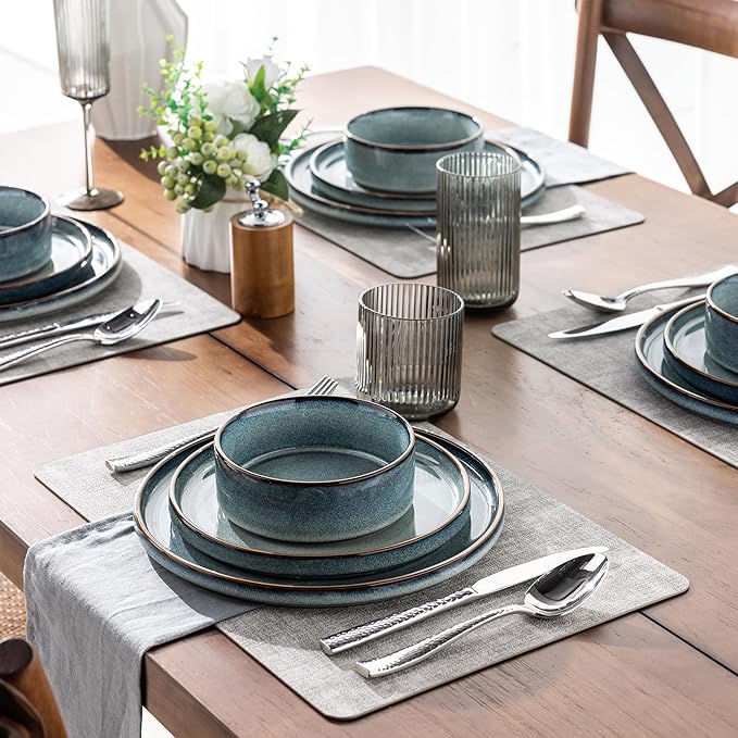 GBHOME Ceramic Dinnerware Sets for 4 12 Pieces Stoneware Plates and Bowls Sets Reactive Glaze Dishes -Scratch Resistant Dishwasher&ampMicrowave Safe