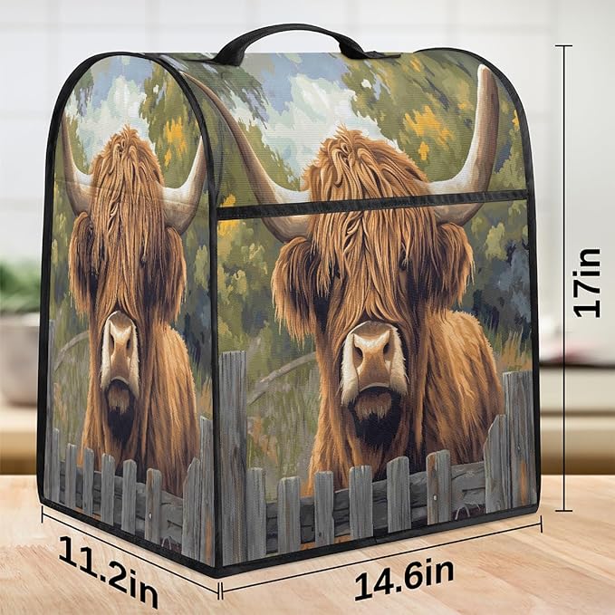 Kitchen Aid Mixer Cover Highland Cow Animals Stand Mixer Cover Compatible with 6-8 Quarts Stand Mixers Dust Covers with Zipper Pocket Foldable Washable Kitchen Aid Organizer Bag