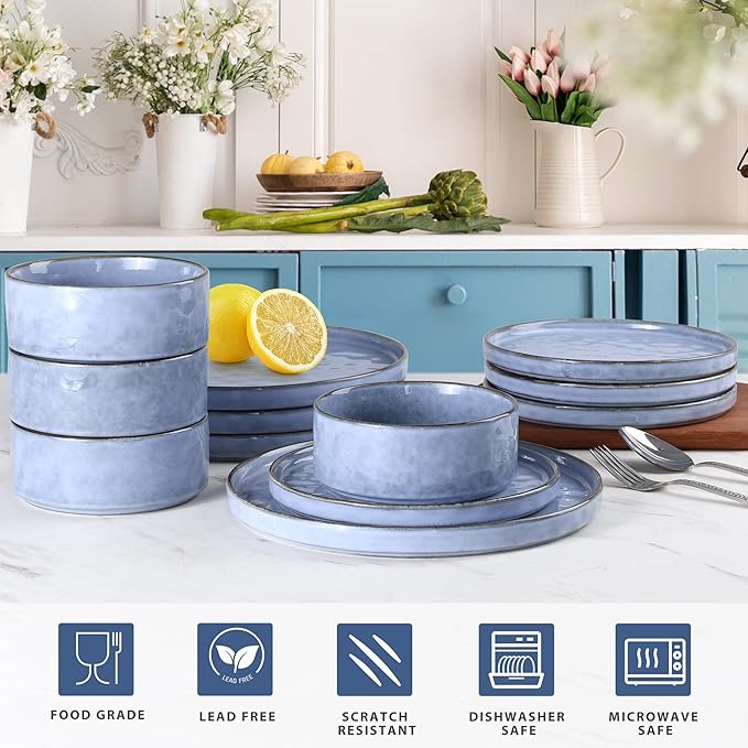 LIANYU 16-Piece Dinnerware Set Stoneware Dishes Ceramic Plates and Bowls Microwave &amp Dishwasher Safe Serenity Blue