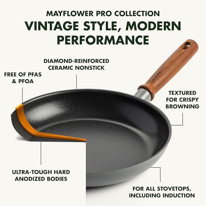 GreenPan Mayflower Pro Hard Anodized Healthy Ceramic Nonstick 9 Piece Cookware Pots and Pans Set Vintage Wood Handle PFAS-Free Induction Suitable Charcoal Gray