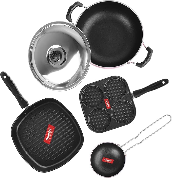 Sumeet Ruz 2.6 mm Thick Non-Stick Cookware Set (Mini Multi Snack Maker 19.5 cm Dia Kadhai with Lid 1.5 Ltr Capacity and 20 cm Dia Grill Pan 1.1 Ltr Capacity and 22 cm Dia Grill Pan 1.1 Ltr)