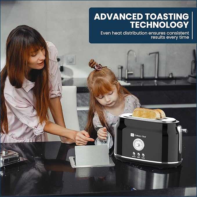 Frigidaire ETO102-WHITE 2 Slice Toaster Retro Style Wide Slot for Bread English Muffins Croissants and Bagels 5 Adjustable Toast Settings Cancel and Defrost 900w Black