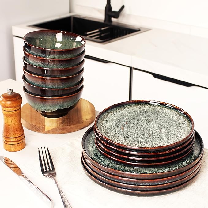 Dinner Set 12 Pieces - Round Reactive Glaze Tableware - Kitchen Dinnerware Porcelain Crockery with Dinner Plate Bowl and Soup Plate Service for 4 Microwave Dishwasher Safe Set (No.3)