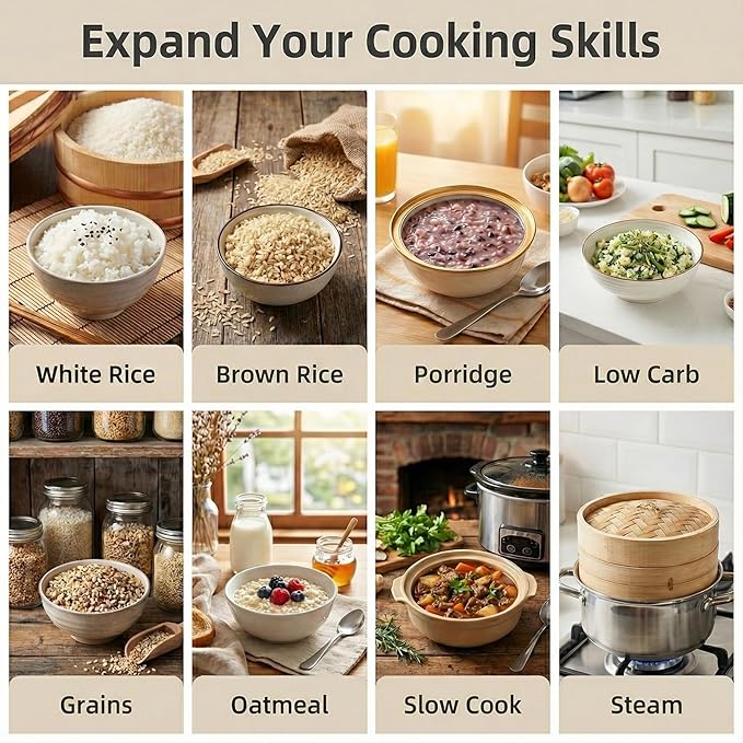 OCTAVO Low Carb Rice Cooker 5-Cup Uncooked Stainless Steel Inner Pot Low Sugar Rice Maker with 24H Timer and Auto Keep Warm Small Rice Maker LED Display White Rice/Brown Rice/Grains/Oatmeal Bead-