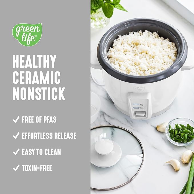 GreenLife Rice Cooker with Removable PFAS-Free Ceramic Nonstick Pot 3-Cups Uncooked/6-Cups Cooked Grains &amp Oatmeal Multicooker Compact One-Switch Design Auto Keep Warm Easy Clean White