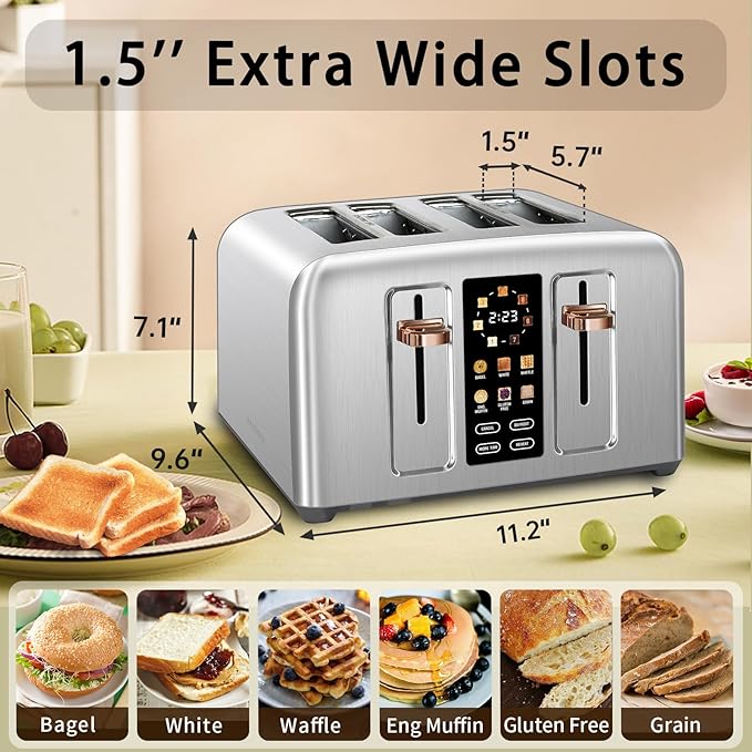 SEEDEEM Toaster 4 Slice Stainless Toaster &amp Touch Control LCD Display 6 Bread Type 7 Shade Settings 1.5'' Wide Slots Cancel/Defrost/Reheat Removable Crumb Tray 1800W Silver Metallic