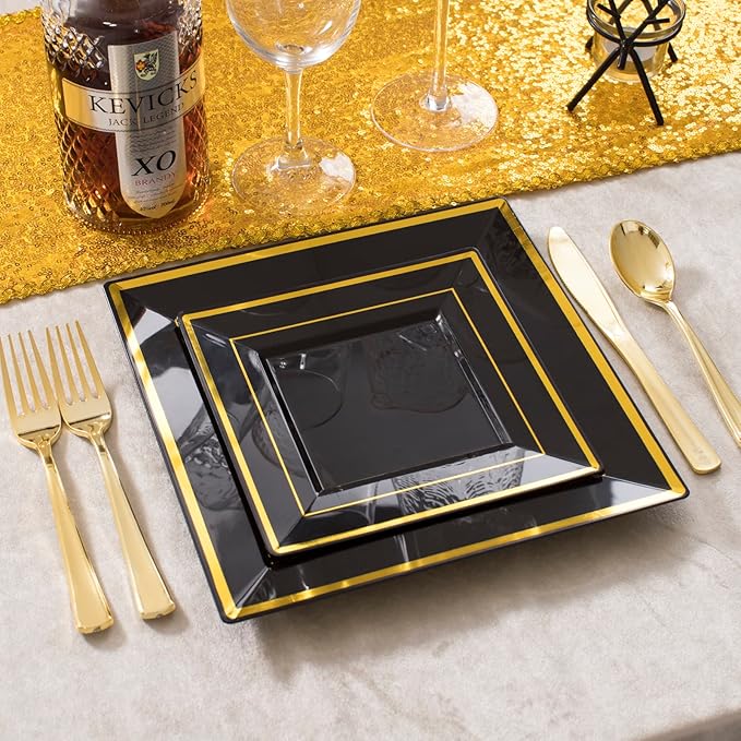 WDF 125Pieces Black Square Plastic Plates with Gold Rim Gold Disposable Silverware - include 25Pcs Dinner Plates25Pcs Dessert Plates25 Forks 25 Knives 25 Spoons for New Year (Pack of 2)